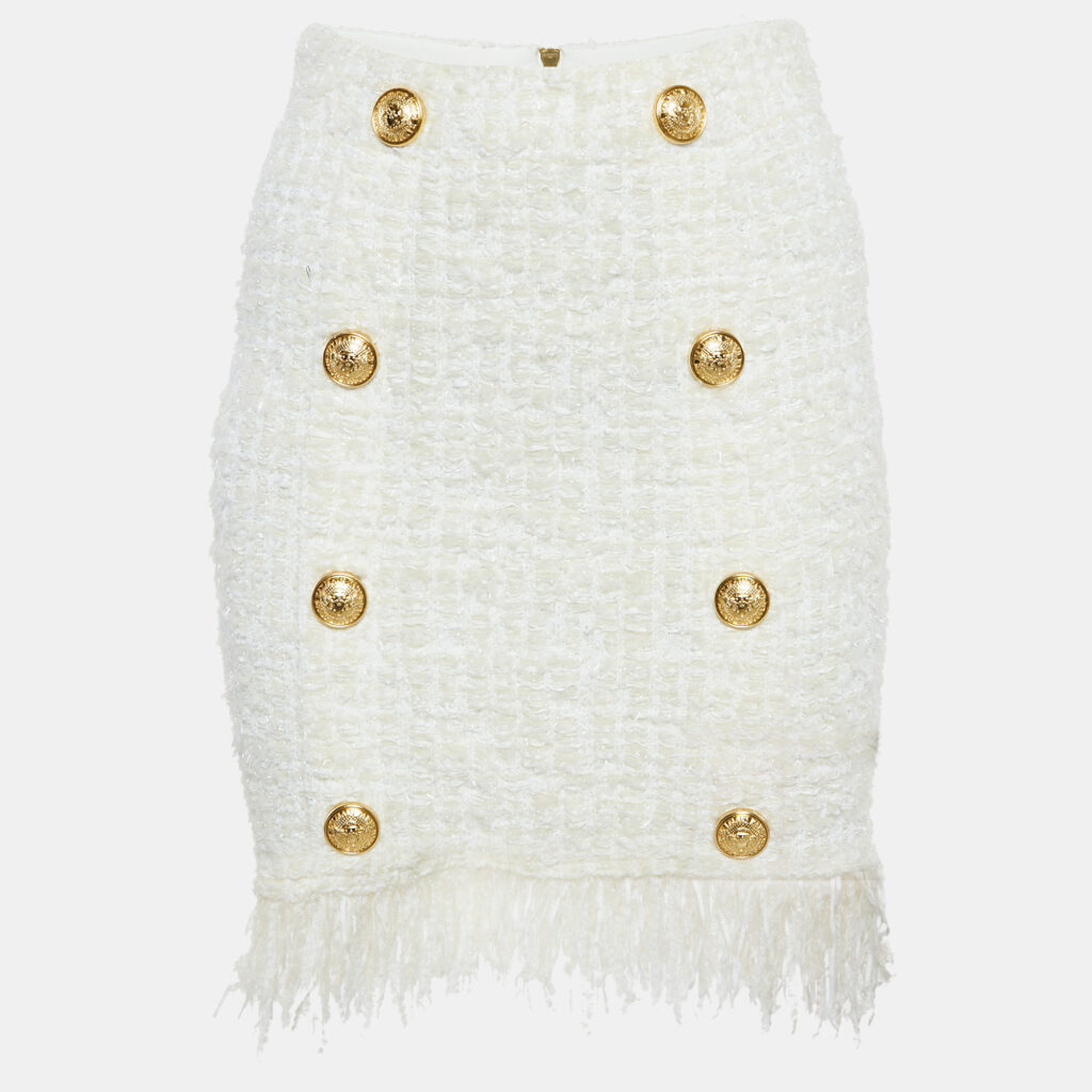Balmain White Tweed Button Detail Pencil Skirt M Balmain White Tweed Button Detail Pencil Skirt M