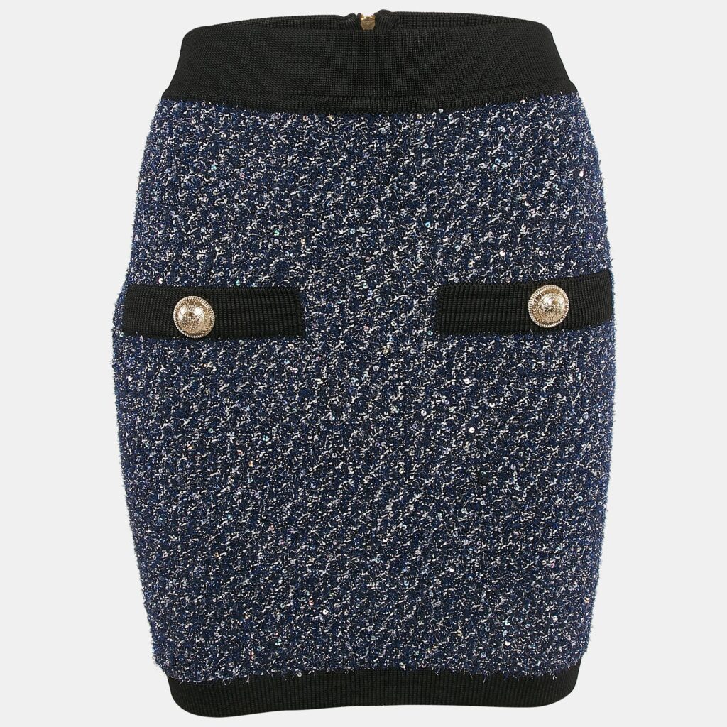 Balmain Blue Metallic Tweed Sequin Embellished Mini Skirt M Balmain Blue Metallic Tweed Sequin Embellished Mini Skirt M