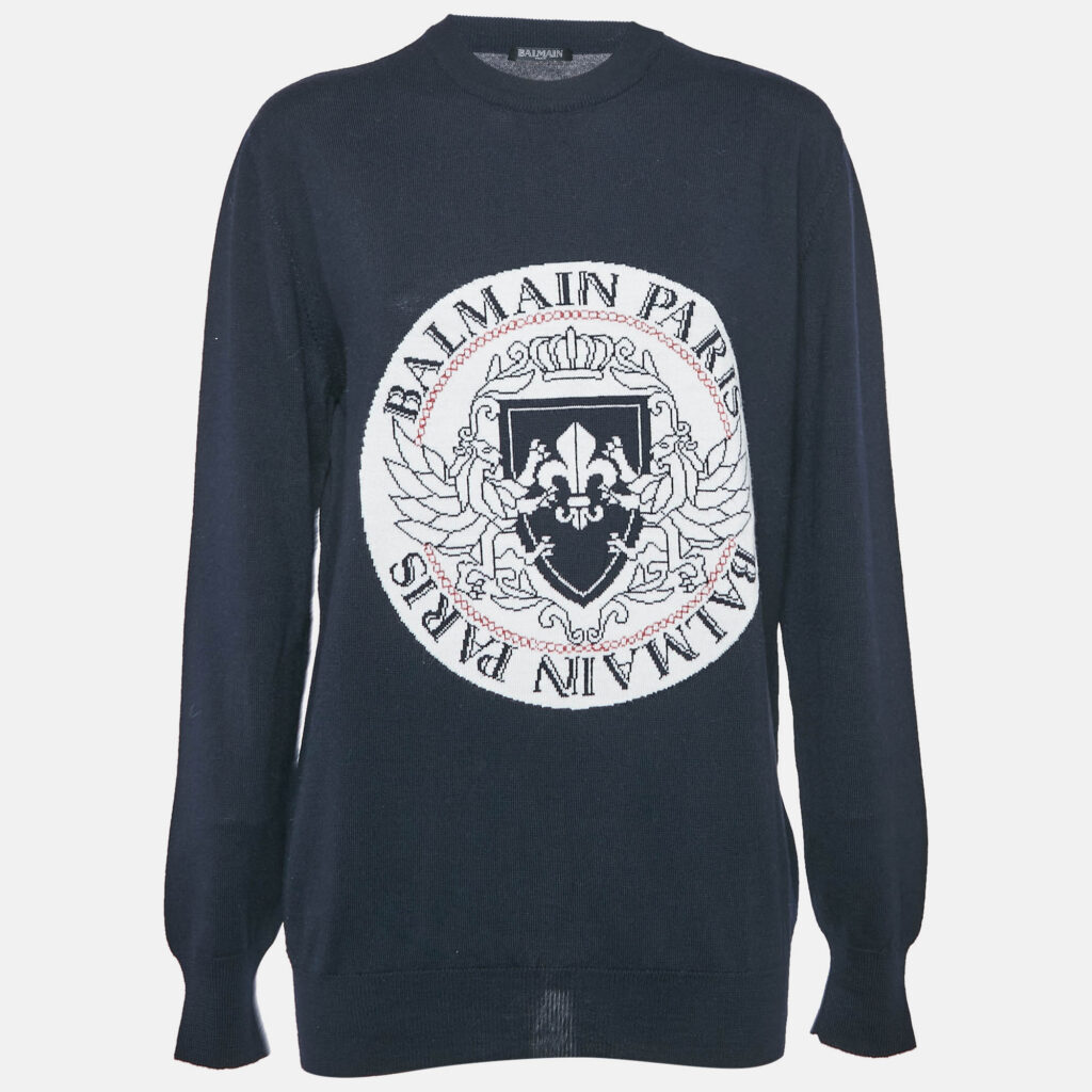 Balmain Navy Blue Intarsia Knit Crew Neck Sweater M