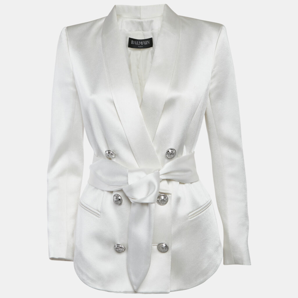 Balmain White Satin Belted Double Breasted Blazer M Balmain White Satin Belted Double Breasted Blazer M