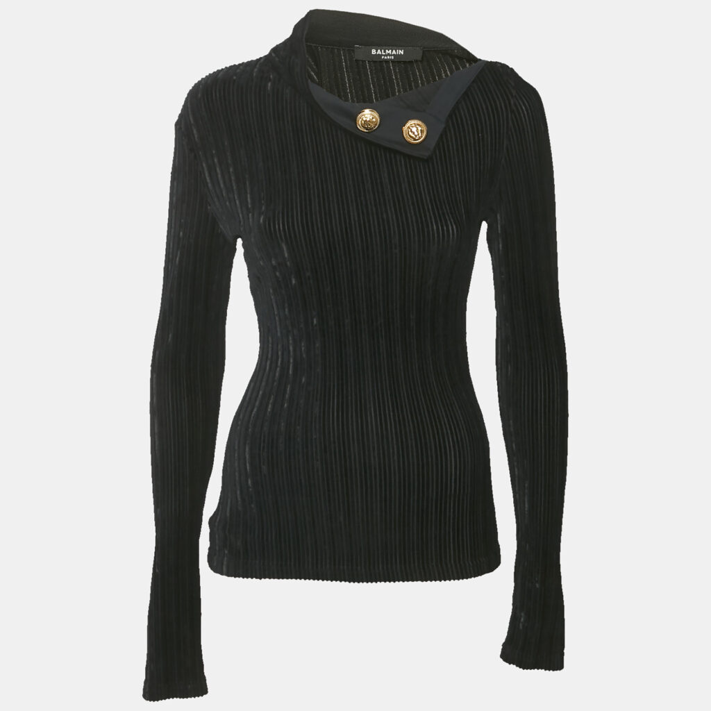 Balmain Black Velvet Rib Knit Pullover S Balmain Black Velvet Rib Knit Pullover S