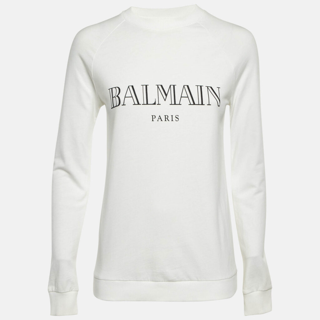 luxury-women-balmain-used-clothes-p1175775-001.jpg Balmain White Logo Print Cotton Crew Neck Sweatshirt S