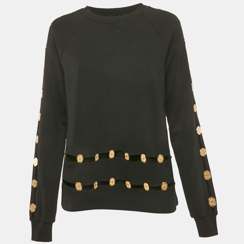 Balmain Black Cotton Knit Coin Embellished Sweatshirt M Balmain Black Cotton Knit Coin Embellished Sweatshirt M