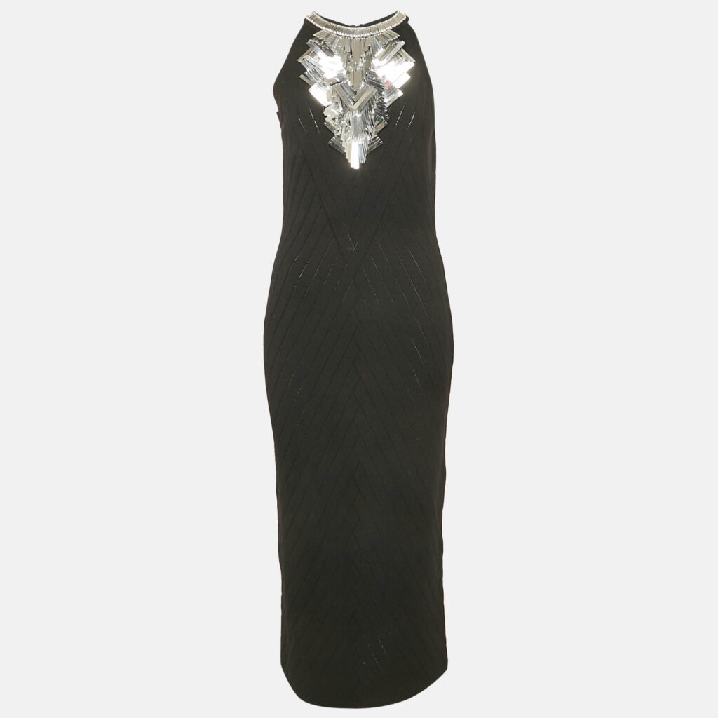 luxury-women-balmain-used-clothes-p1179656-001-1.jpg Balmain Black Sequin Embellished Knit Midi Dress L