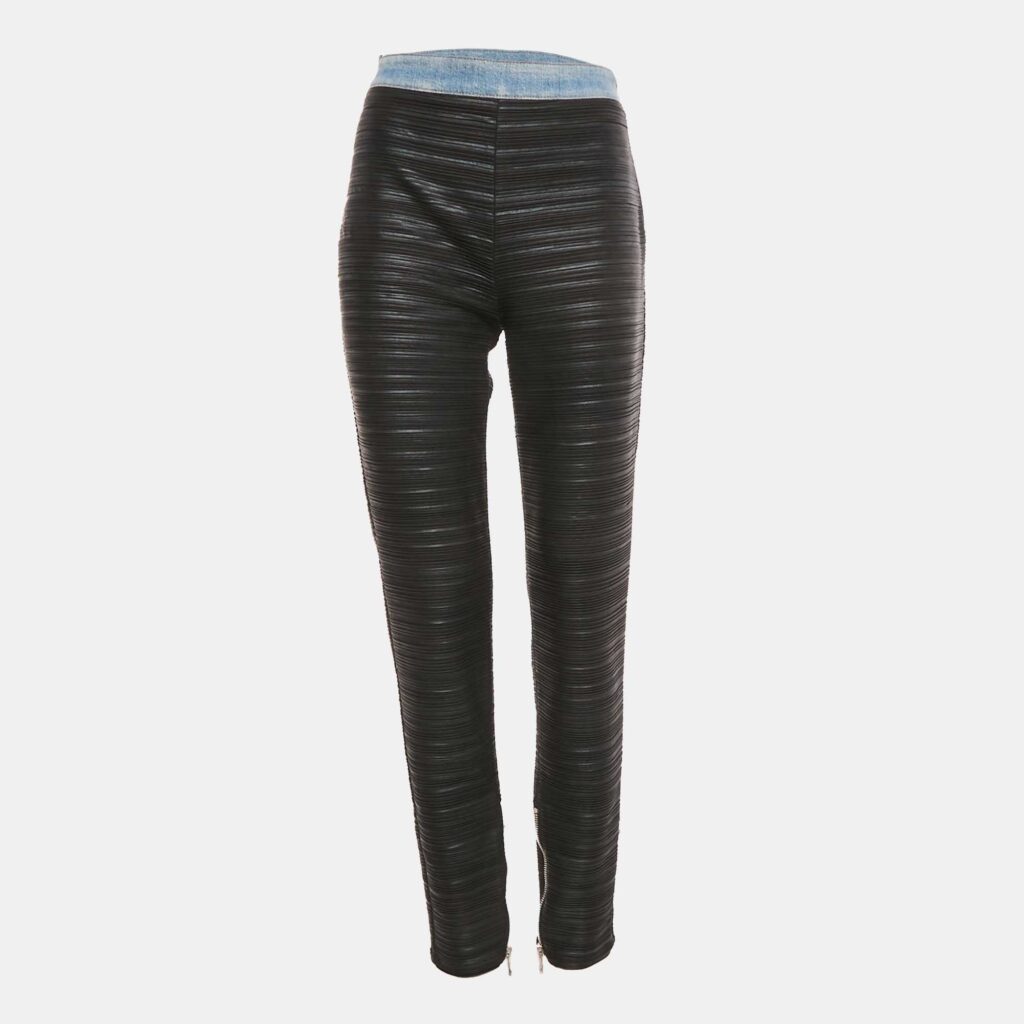 Balmain Black Denim Waist Trim Stretch Crepe Pleated Pants L
