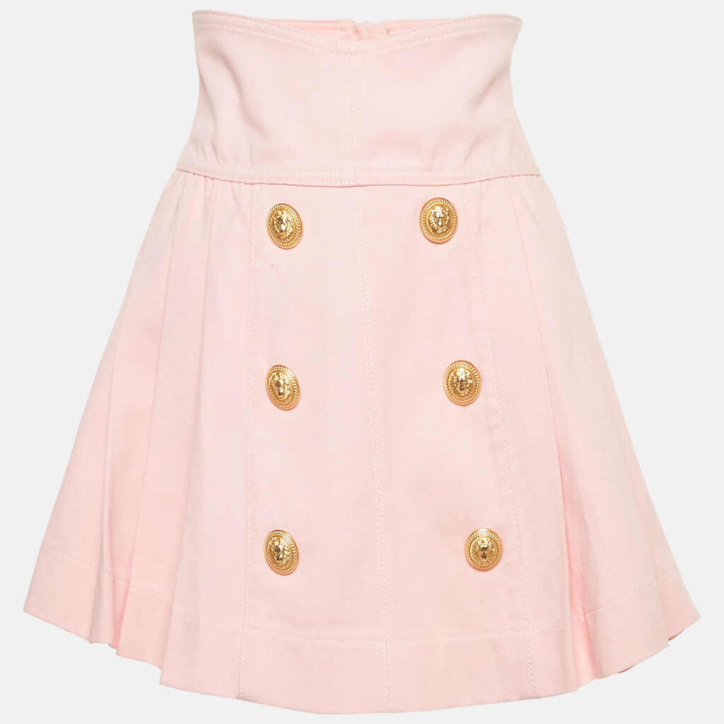 Balmain Pink Denim Applique Detail Pleated Mini Skirt S Balmain Pink Denim Applique Detail Pleated Mini Skirt S
