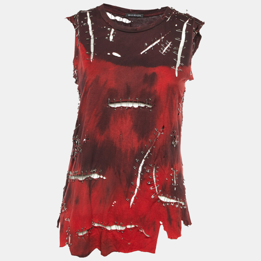 Balmain Red & Burgundy Cotton Pin Detail Sleeveless T-Shirt S
