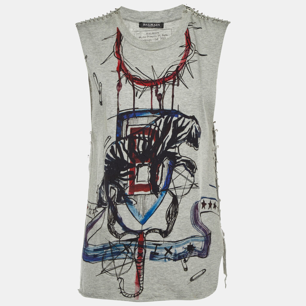 Balmain Grey Printed Cotton Knit Pin Detail T-Shirt M Balmain Grey Printed Cotton Knit Pin Detail T-Shirt M