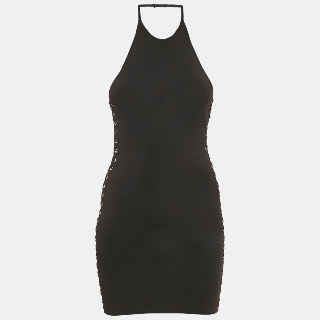 Balmain Black Knit Lace-Up Detail Halter Neck Mini Dress XS