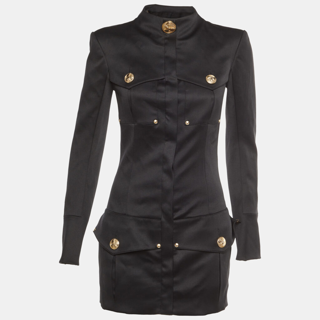 Balmain Black Wool Button Front Mid Length Coat S Balmain Black Wool Button Front Mid Length Coat S