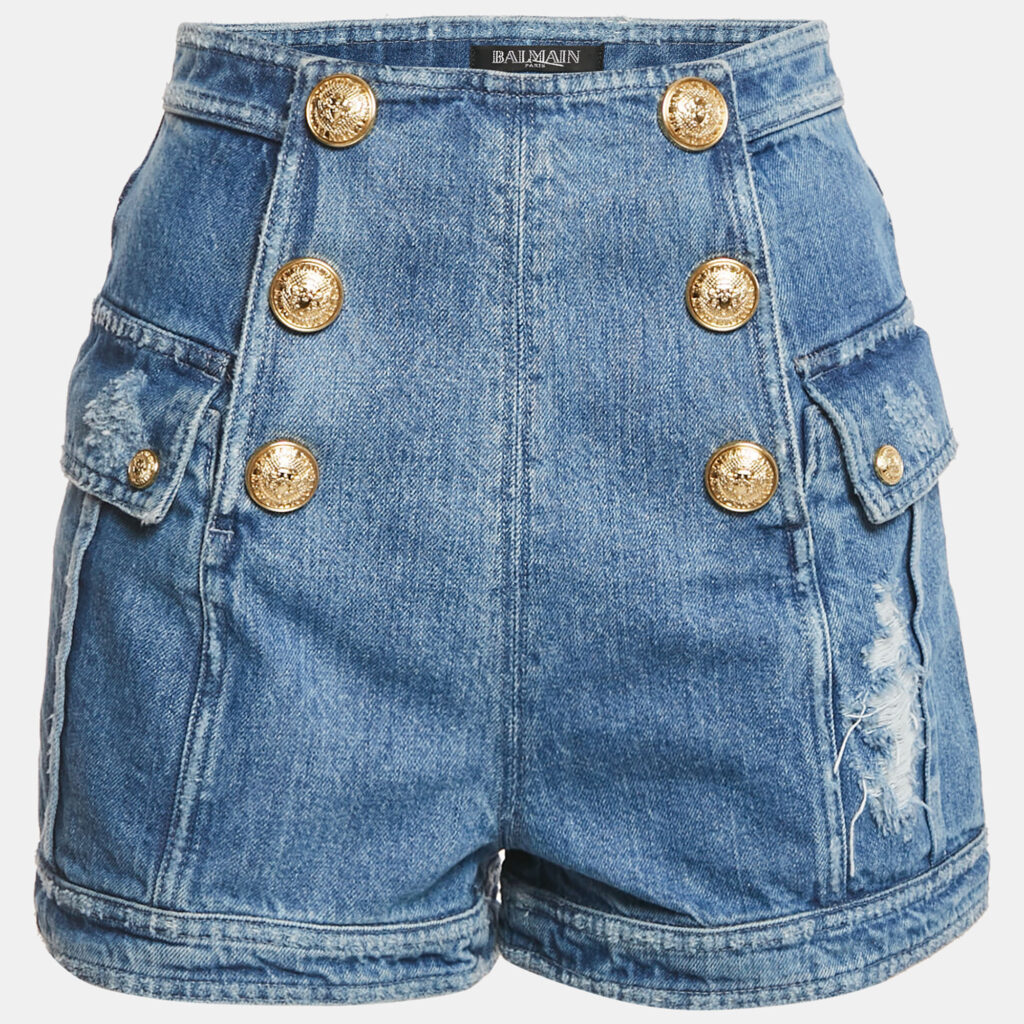 Balmain Blue Distressed Denim Button Detail Shorts M Balmain Blue Distressed Denim Button Detail Shorts M