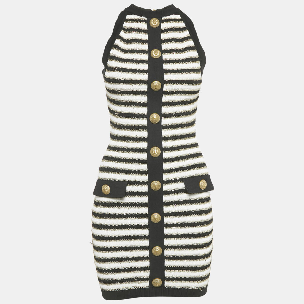 Balmain Black/ White Striped Rib Knit Mini Bodycon Dress S Balmain Black/ White Striped Rib Knit Mini Bodycon Dress S