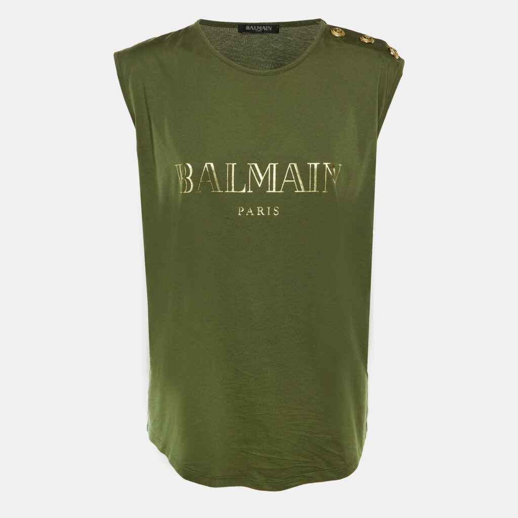 Balmain Olive Green Logo Print Cotton Sleeveless T-Shirt L Balmain Olive Green Logo Print Cotton Sleeveless T-Shirt L