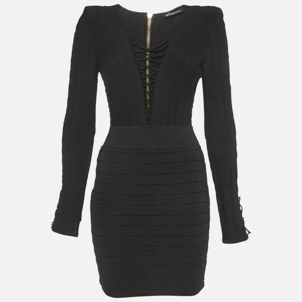 Balmain Black Knit Lace-Up Long Sleeve Mini Dress S Balmain Black Knit Lace-Up Long Sleeve Mini Dress S