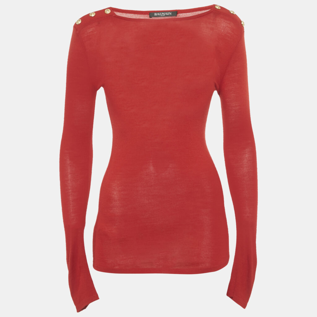 Balmain Red Wool Button Detail Long Sleeve Sweater S Balmain Red Wool Button Detail Long Sleeve Sweater S
