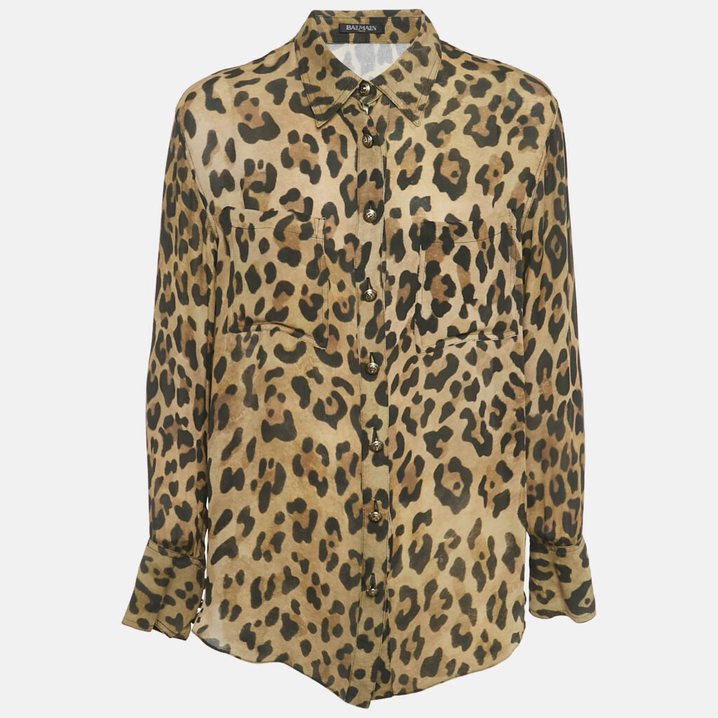 Balmain Brown Leopard Print Crepe Button Front Shirt L