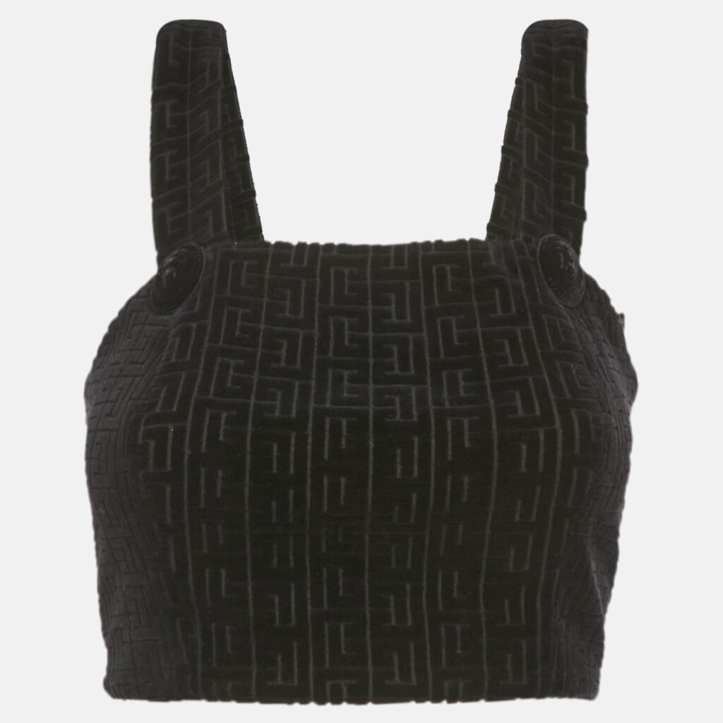 Balmain Black Patterned Velvet Crop Top S