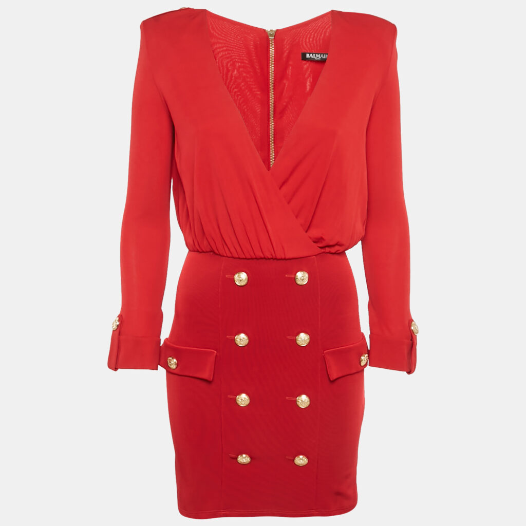 Balmain Red Jersey & Knit Plunge Neck Button Detailed Mini Dress S Balmain Red Jersey & Knit Plunge Neck Button Detailed Mini Dress S