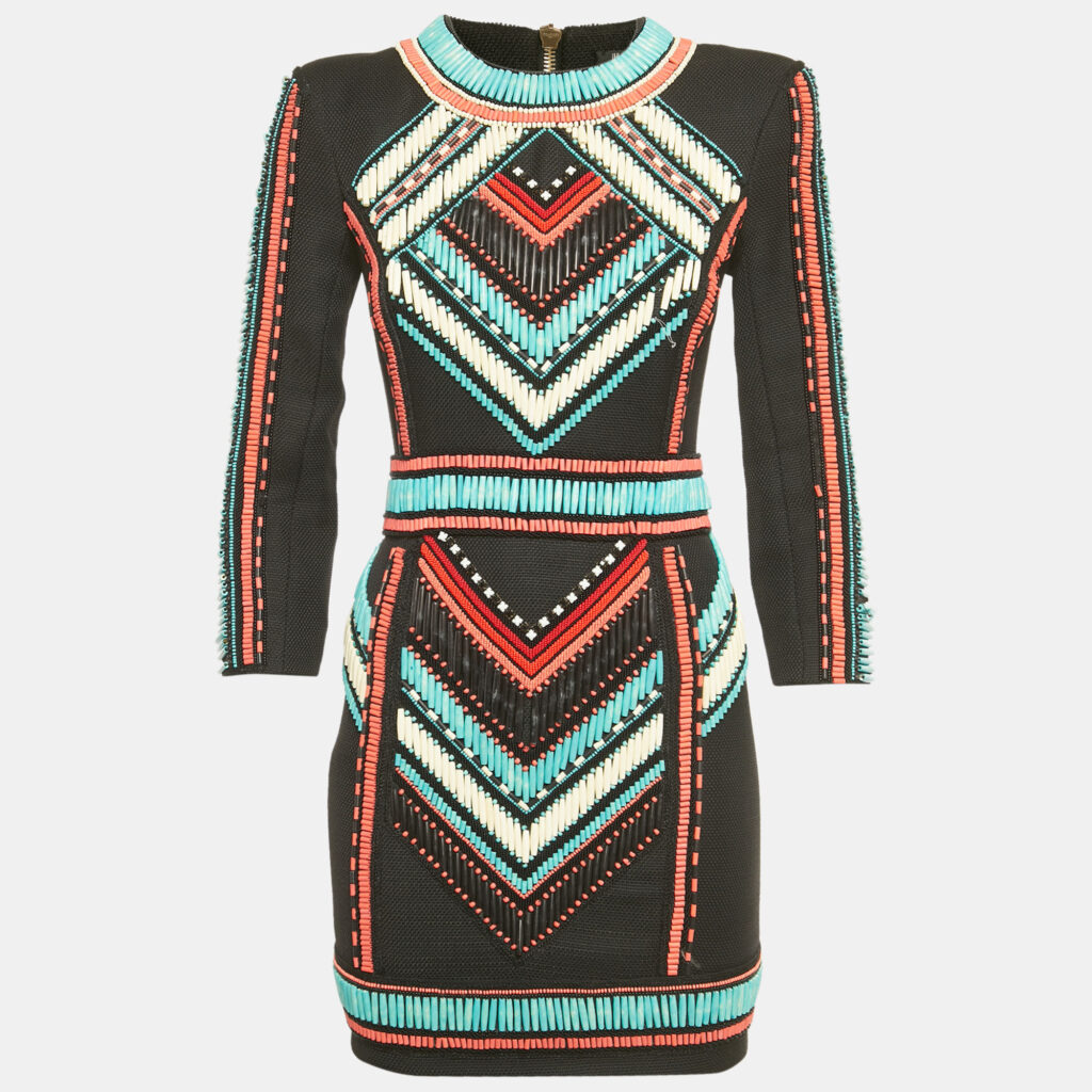 Balmain Black Beaded Canvas Mini Dress S Balmain Black Beaded Canvas Mini Dress S