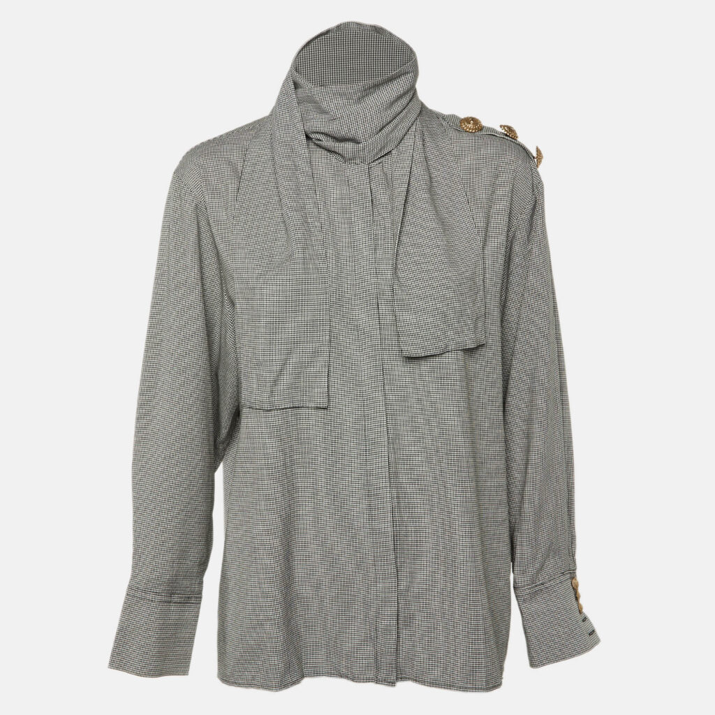 Balmain Monochrome Houndstooth Pattern Crepe Tie Neck Shirt L Balmain Monochrome Houndstooth Pattern Crepe Tie Neck Shirt L