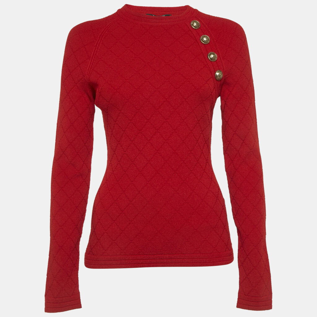 Balmain Red Stretch Knit Button Detail Sweater M