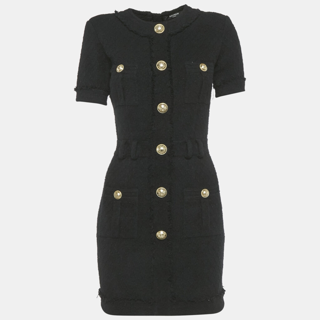 Balmain Black Tweed Button Detail Mini Dress S Balmain Black Tweed Button Detail Mini Dress S