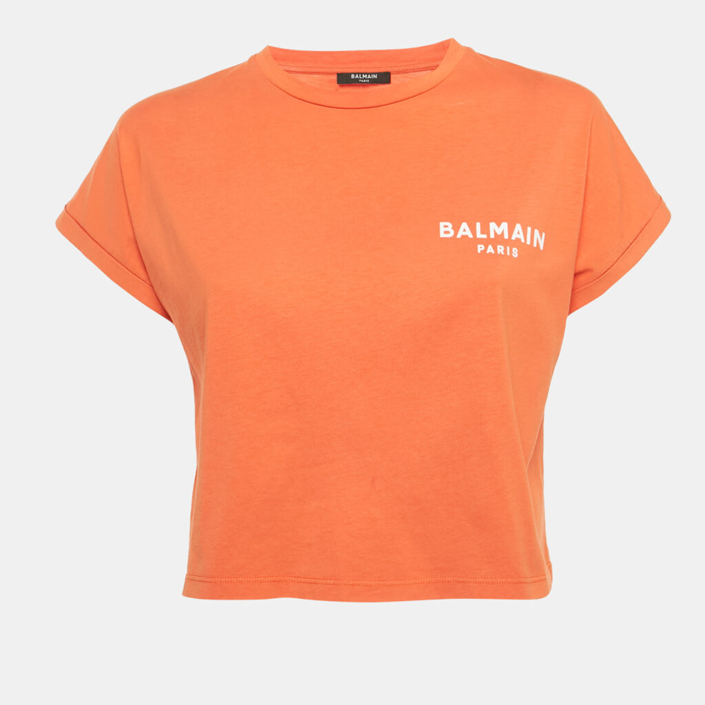 Balmain Orange Logo Printed Cotton Knit Crop Top XS Balmain Orange Logo Printed Cotton Knit Crop Top XS