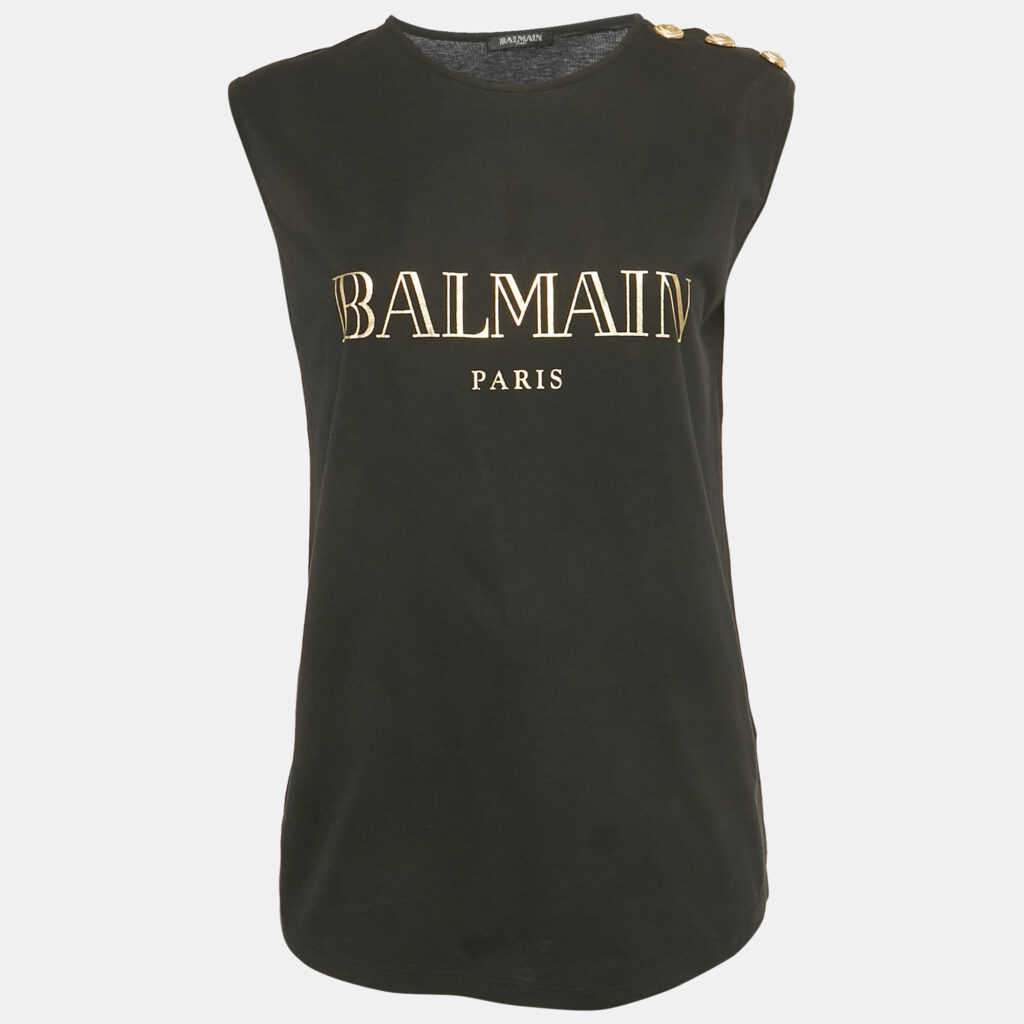 Balmain Black Logo Print Jersey Sleeveless Top M