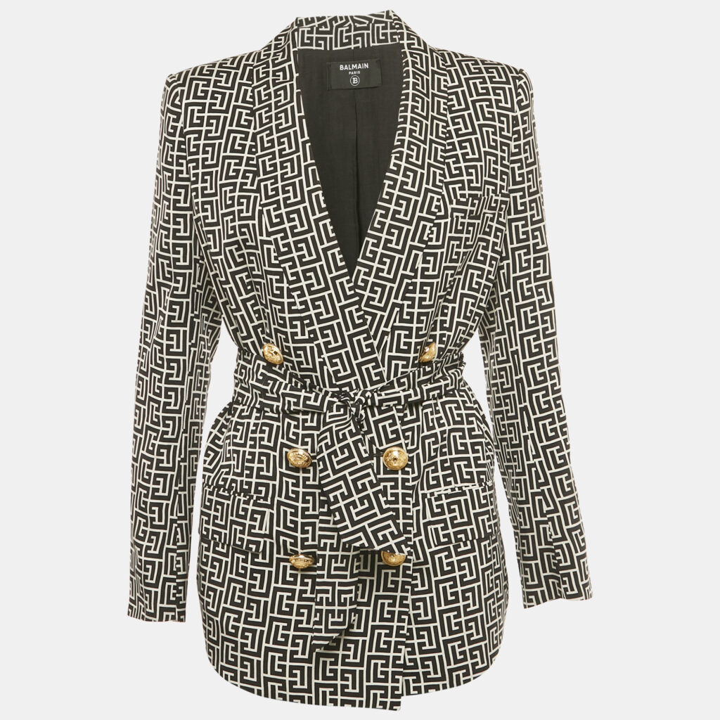 Balmain Black/White Monogram Cupro Double Breasted Blazer S Balmain Black/White Monogram Cupro Double Breasted Blazer S