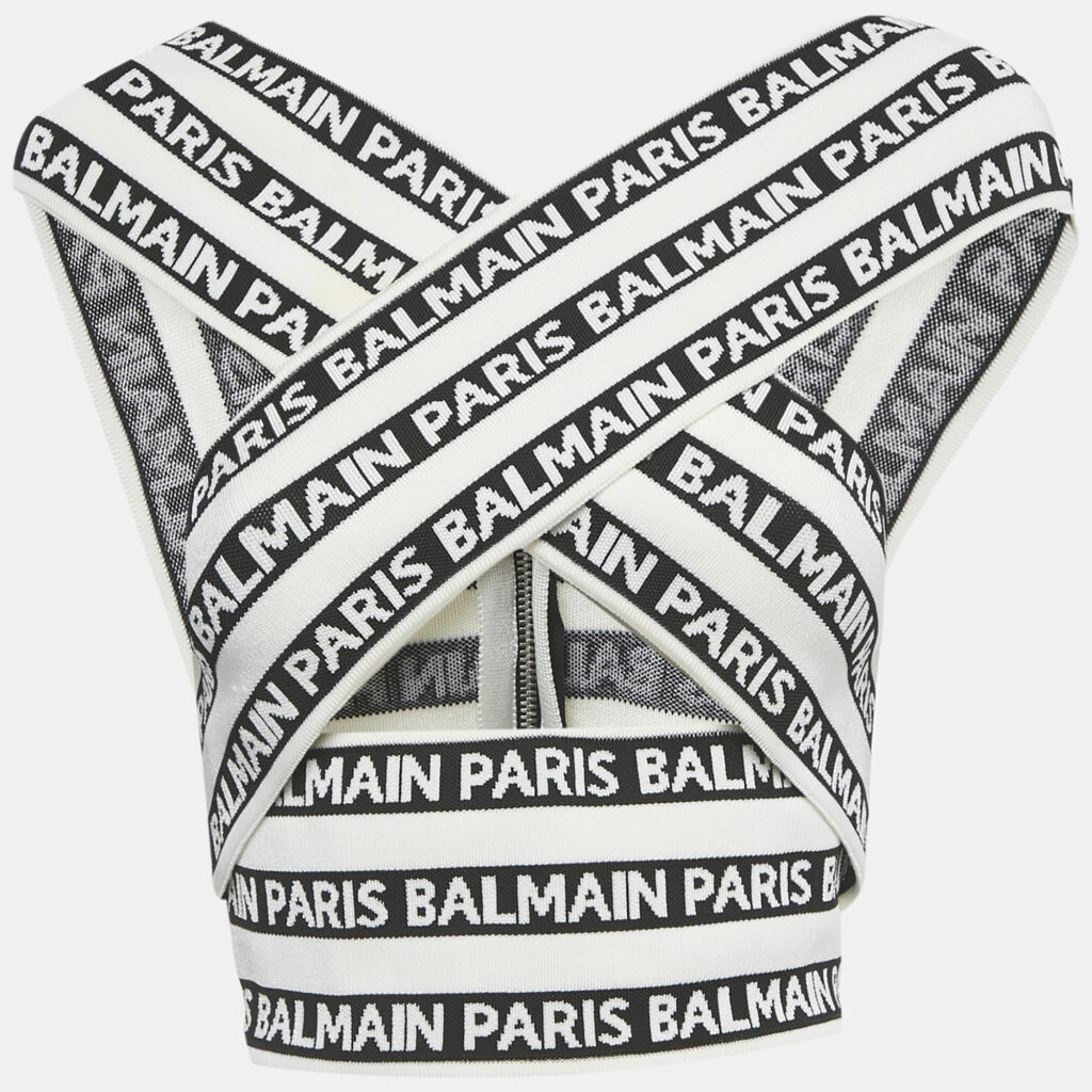 Balmain White Logo All Over Knit Crossover Banded Top S Balmain White Logo All Over Knit Crossover Banded Top S