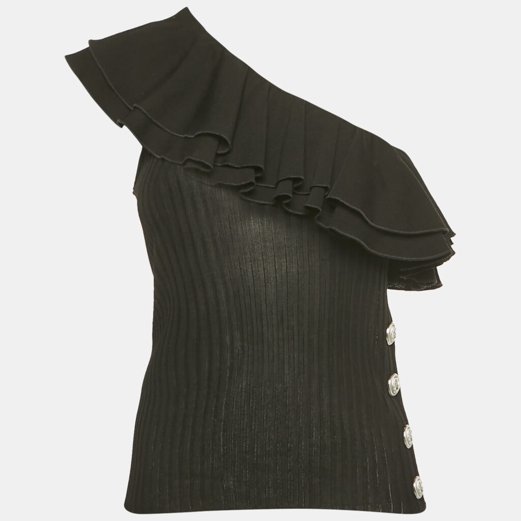 Balmain Black Rib Knit Ruffled One Shoulder Top S