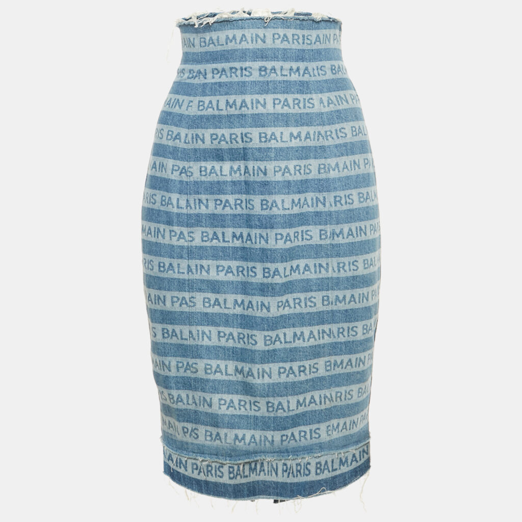 Balmain Blue Striped Logo Raw Edge Denim Skirt S Waist 26" Balmain Blue Striped Logo Raw Edge Denim Skirt S Waist 26"