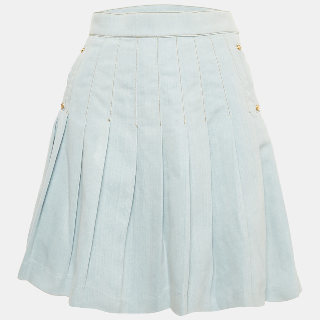 luxury-women-balmain-used-clothes-p1230322-003.jpg Balmain Blue Denim Pleated Mini Skirt S