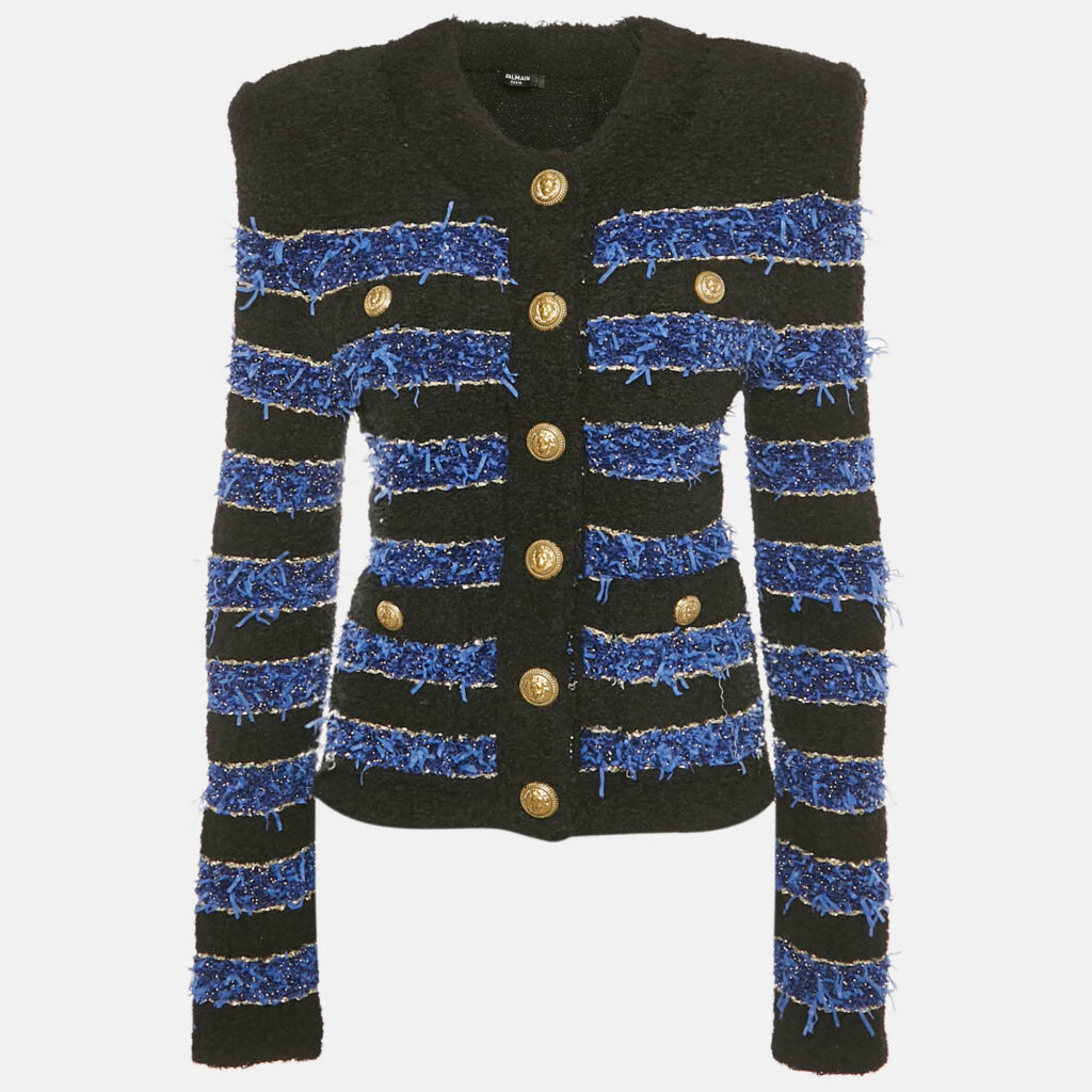 Balmain Black /Blue Striped Lurex Tweed Jacket S Balmain Black /Blue Striped Lurex Tweed Jacket S