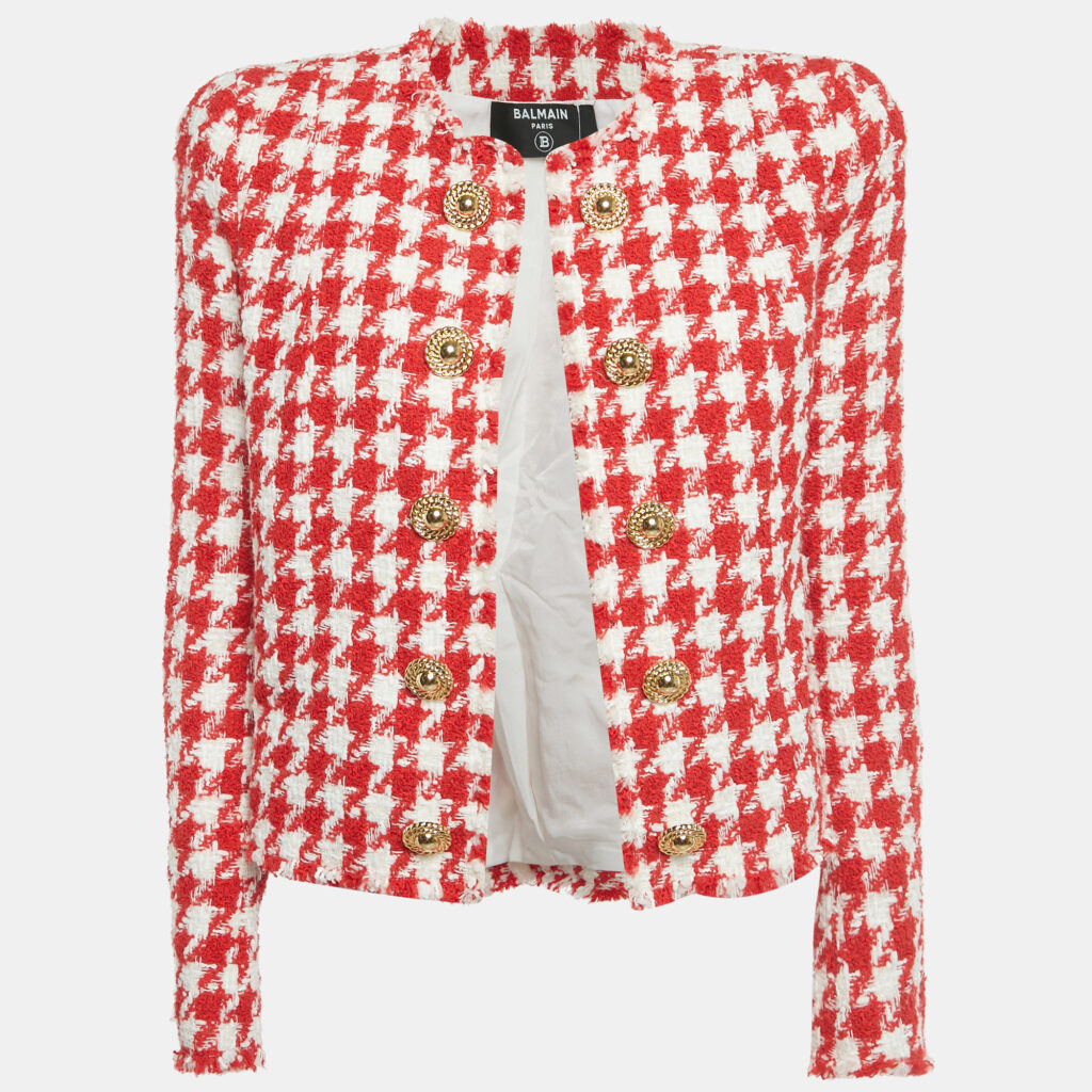 Balmain Red /White Houndstooth Tweed Open Front Jacket M Balmain Red /White Houndstooth Tweed Open Front Jacket M