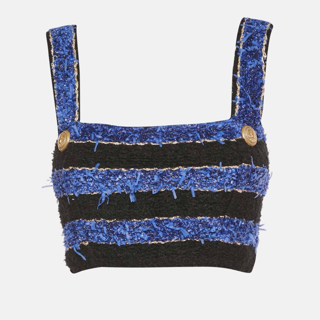 Balmain Black/Blue Textured Tweed Crop Top M Balmain Black/Blue Textured Tweed Crop Top M