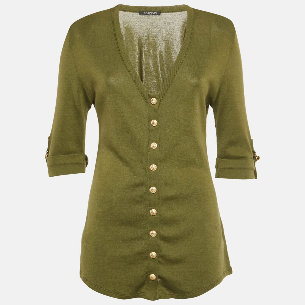 Balmain Olive Green Cotton Knit Top M Balmain Olive Green Cotton Knit Top M