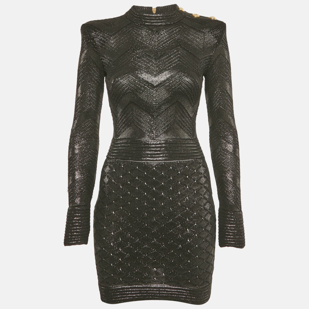 luxury-women-balmain-used-clothes-p1238777-002.jpg Balmain Black Lurex Patterned Knit Mock Neck Mini Dress S