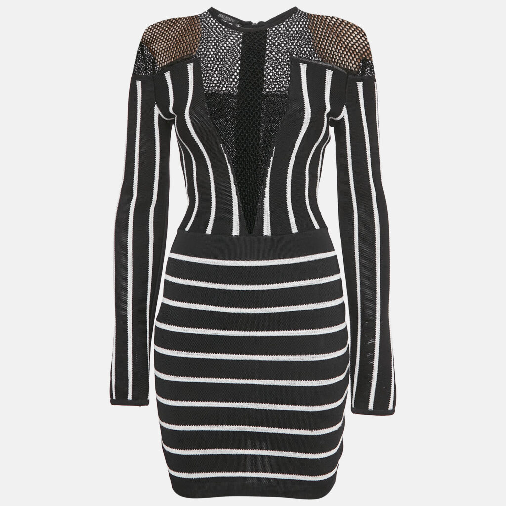 Balmain Black Striped Knit and Mesh Mini Bodycon Dress S Balmain Black Striped Knit and Mesh Mini Bodycon Dress S