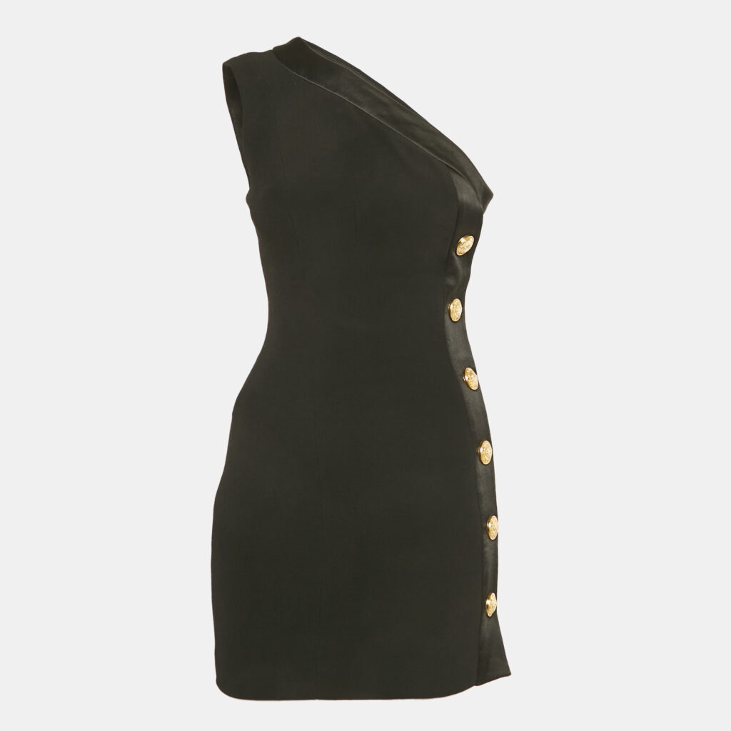 Balmain Black Crepe Button Detail One Shoulder Mini Dress S Balmain Black Crepe Button Detail One Shoulder Mini Dress S