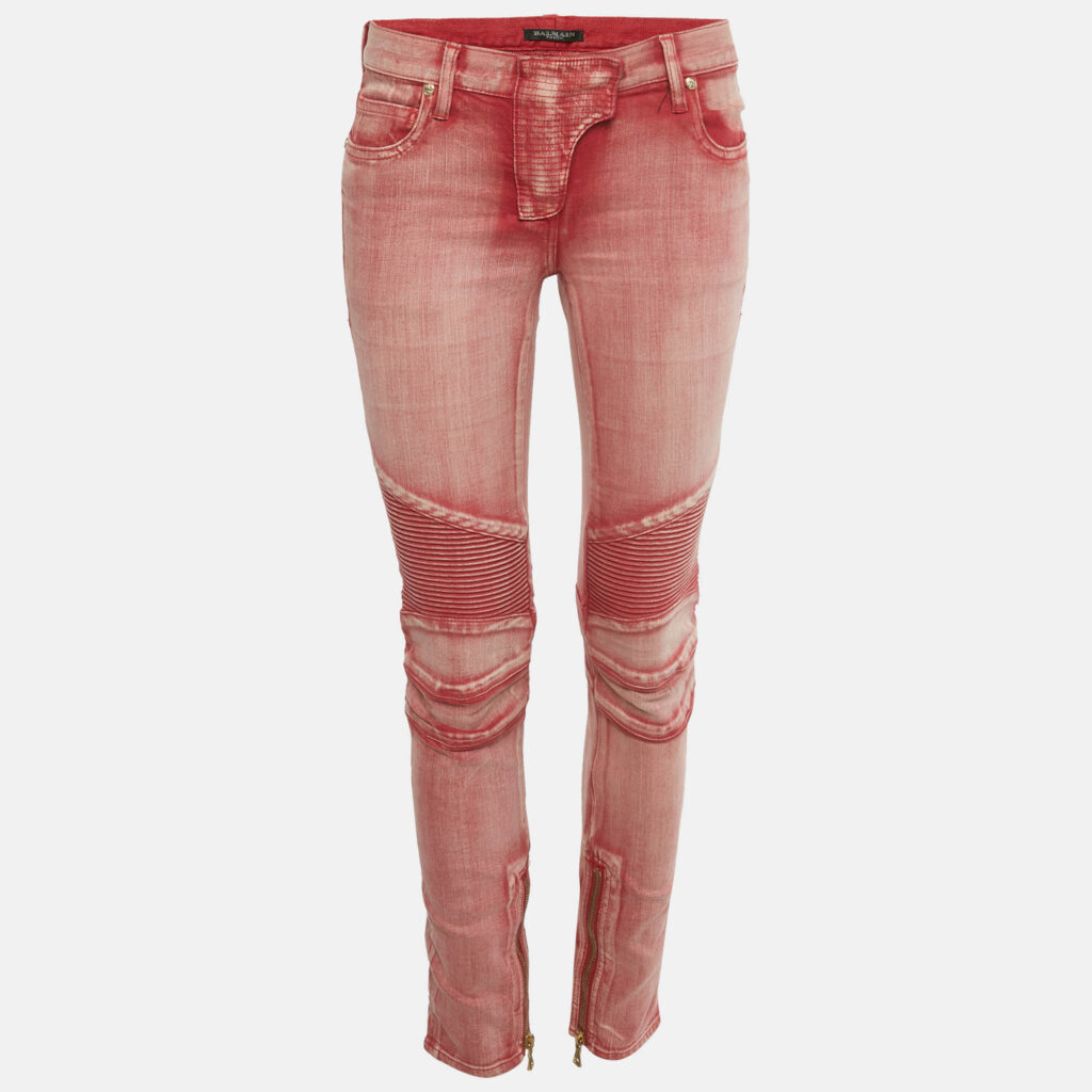 Balmain Red Washed Out Denim Skinny Biker Jeans S Waist 29" Balmain Red Washed Out Denim Skinny Biker Jeans S Waist 29"