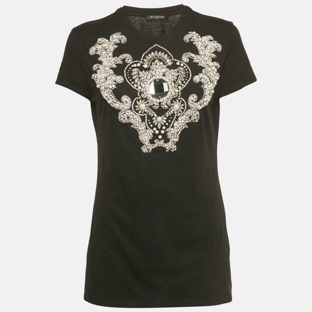 Balmain Black Pearl and Crystal Detail Jersey Crewneck T-Shirt M Balmain Black Pearl and Crystal Detail Jersey Crewneck T-Shirt M