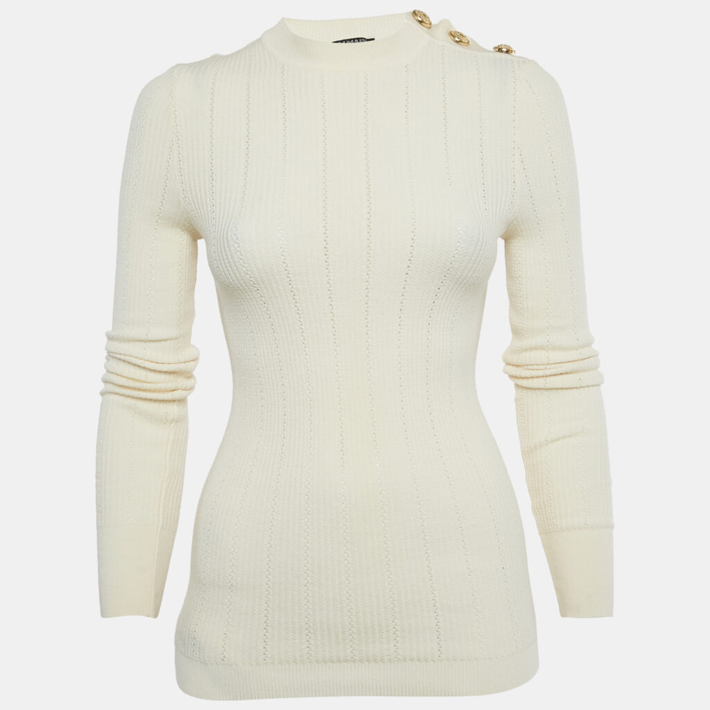 Balmain Cream Rib Knit Mock Neck Pullover S Balmain Cream Rib Knit Mock Neck Pullover S