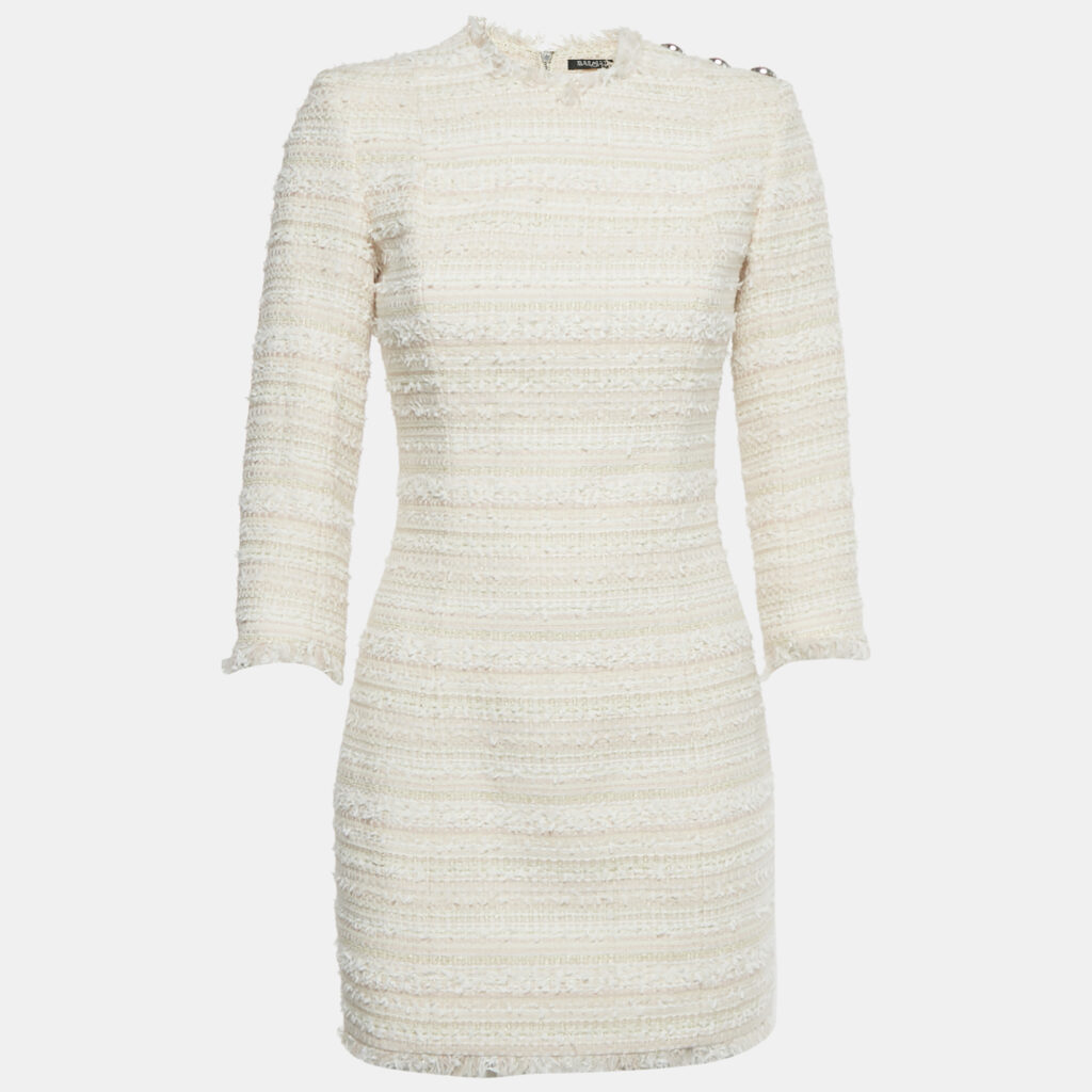 Balmain Pink /White Striped Lurex Tweed Mini Dress S Balmain Pink /White Striped Lurex Tweed Mini Dress S