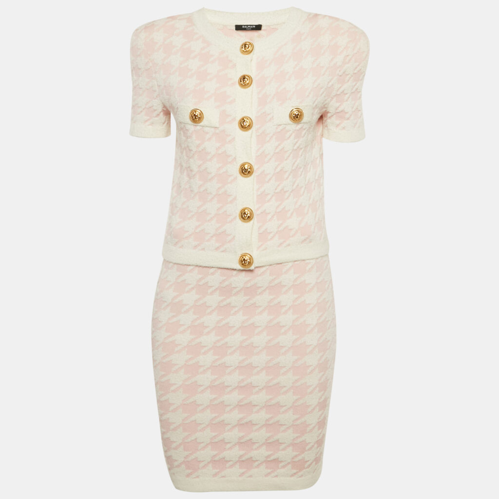 Balmain Pink Houndstooth Knit Skirt Suit S