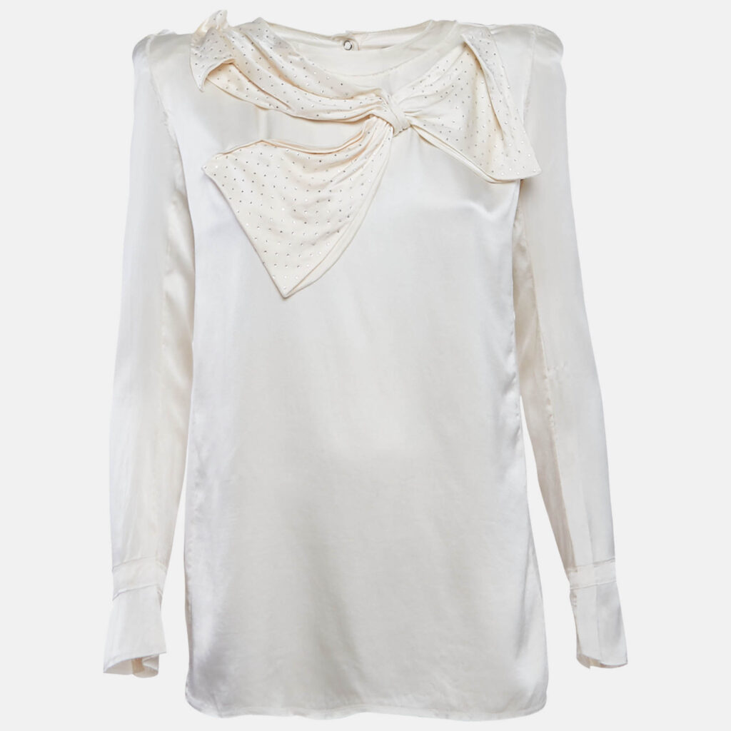 Balmain Beige Satin Bow Detail Raw Edge Blouse M Balmain Beige Satin Bow Detail Raw Edge Blouse M