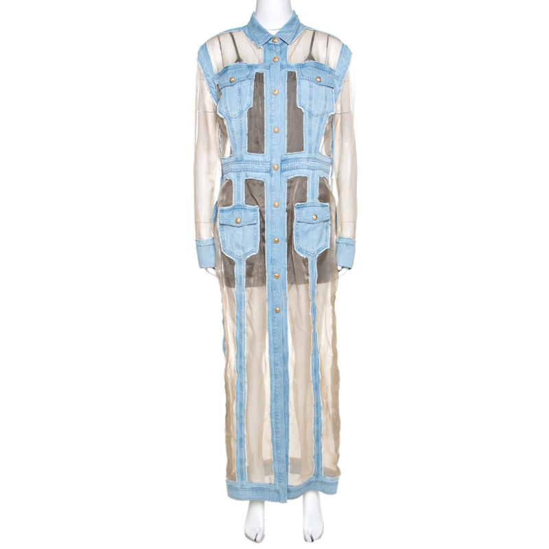 Balmain Bicolor Sheer Silk Panelled Denim Trim Shirt Dress L Balmain Bicolor Sheer Silk Panelled Denim Trim Shirt Dress L