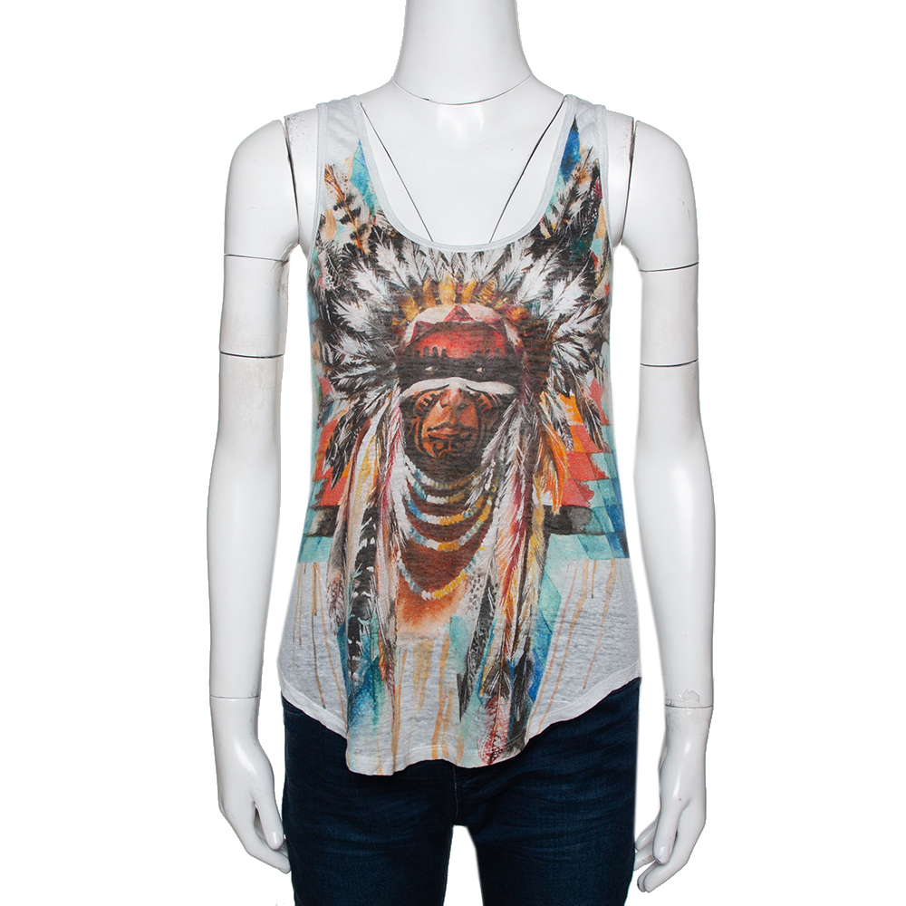 Balmain Pale Grey Linen Jersey Red Indian Print Sleeveless Tank Top S Balmain Pale Grey Linen Jersey Red Indian Print Sleeveless Tank Top S