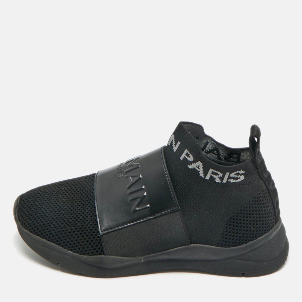Balmain Black Knit Fabric and Leather Cameron Sock High Top Sneakers Size 37