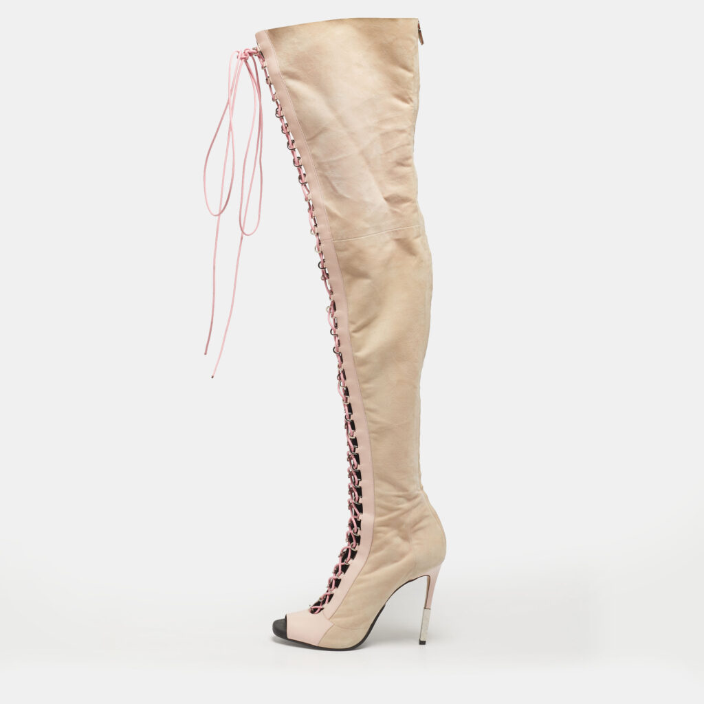 Balmain Beige/Pink Leather and Suede Over The Knee Boots Size 39.5